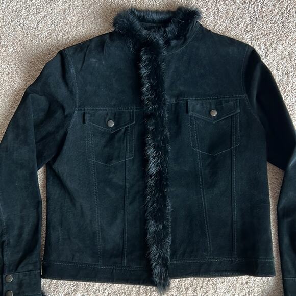 Yvonne Le Marie Black Suede Leather Jacket with Rabbit Fur Trim. Size 12 - Picture 13 of 13